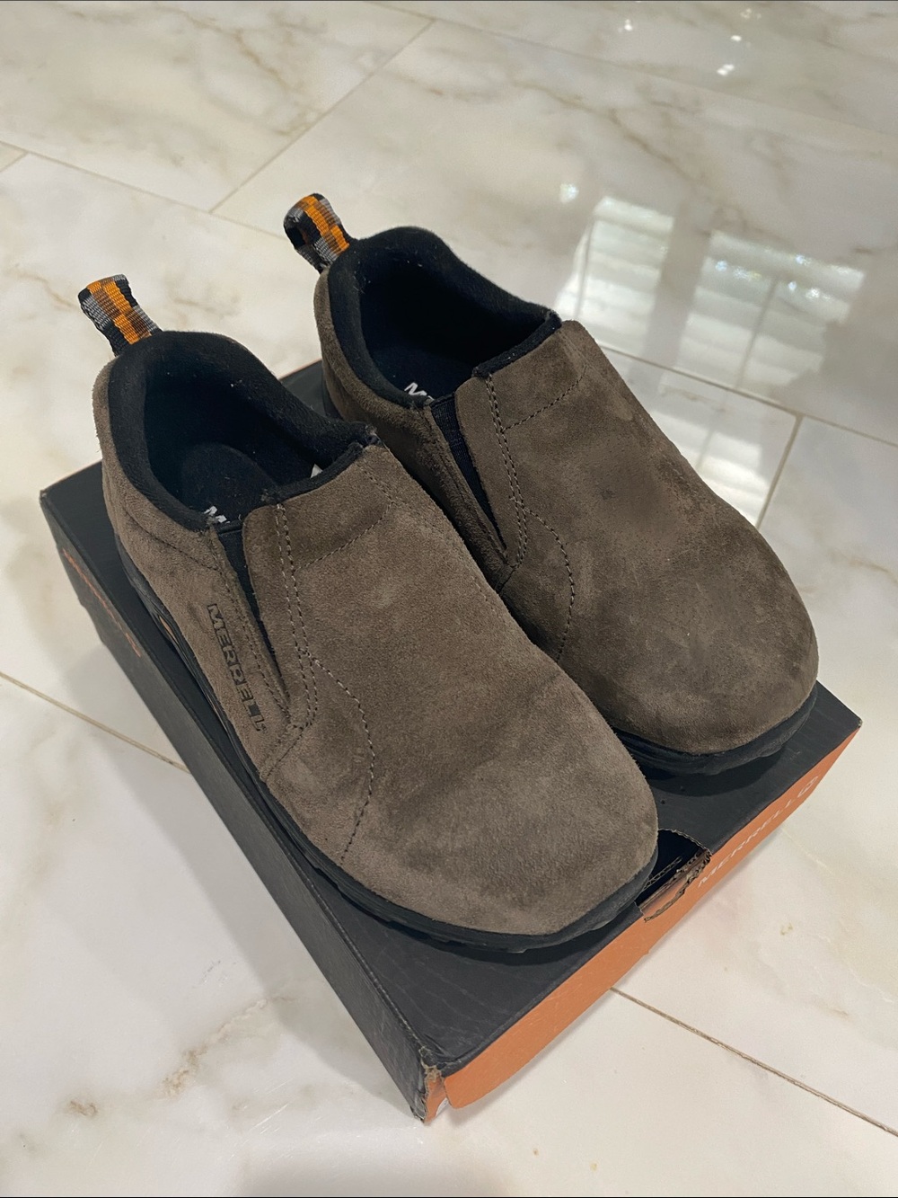 Merrell size 13 Jungle Moc Slip-On Suede Loafers in Gunsmoke Brown with Black Tr
